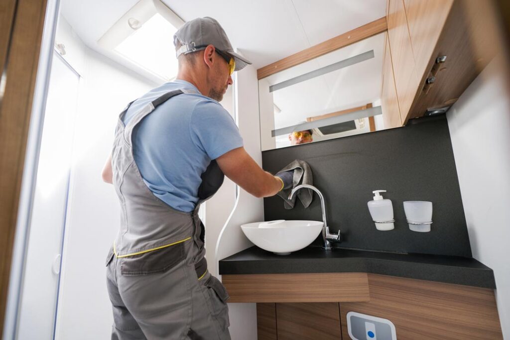 Camper van bathroom cleaning